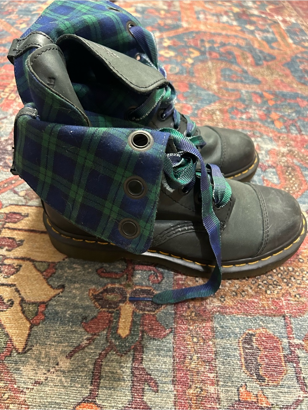 Dr. Martens Black Leather Boots with Green & Blue Tartan - Picture 2 of 5